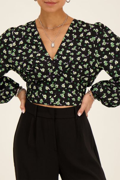 Zwarte crop top met groene bloemenprint