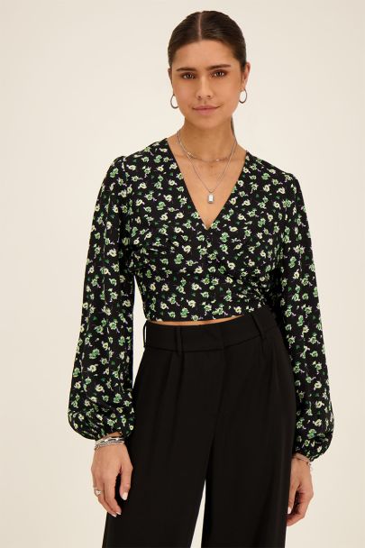 Black crop top with green floral print