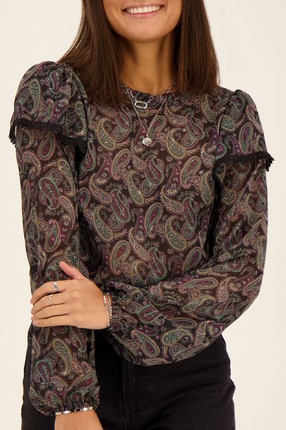 Black ruffled paisley print blouse