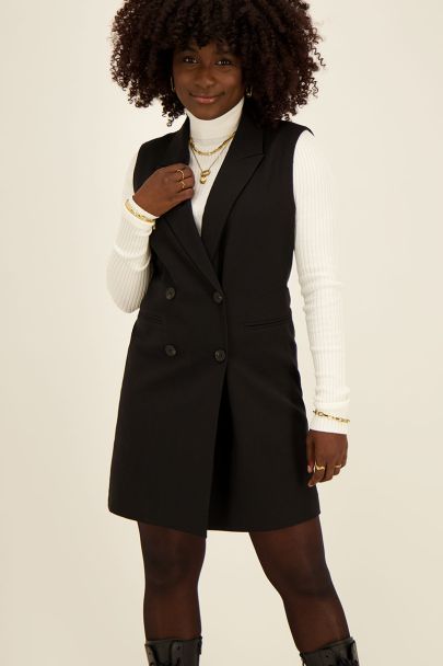 Black sleeveless blazer dress with buttons