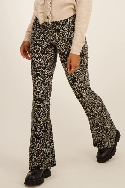 Zwarte flared broek met witte barok print