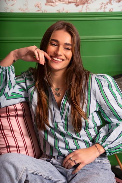 Blue and green striped blouse 