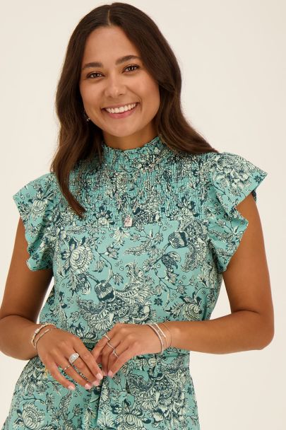 Blue floral print ruffle smock top 