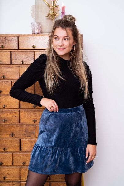 Blauwe velvet rok