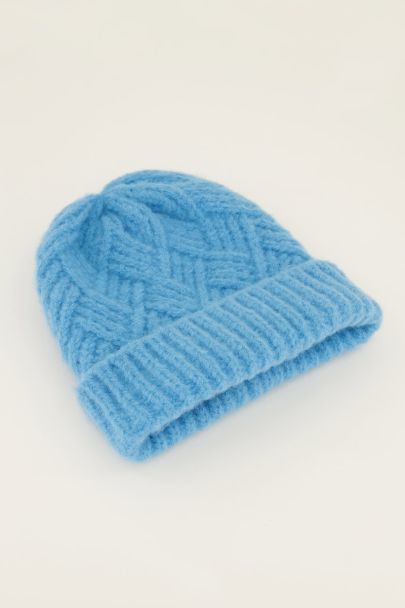 Blue cable knit beanie
