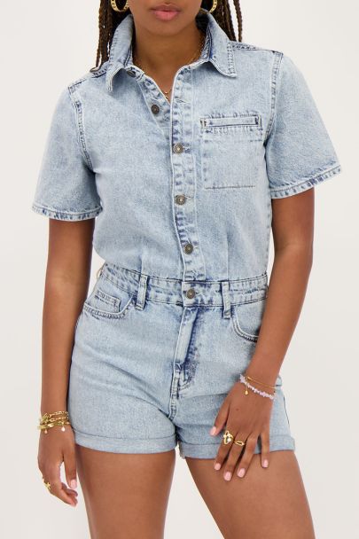 Blue denim playsuit with chest pocket