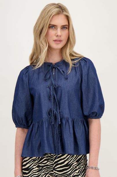 Blue denim top with bows and puff sleeves