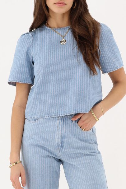 Top en denim bleu avec rayures et nœuds