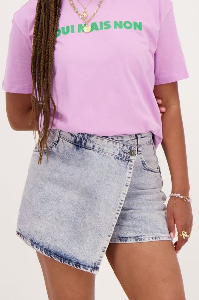 Blue denim wrap skort with pink glow 