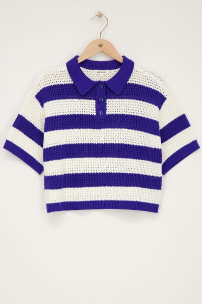 Blauw gebreide polo met strepen