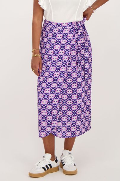 Blauwe midi wikkelrok met print