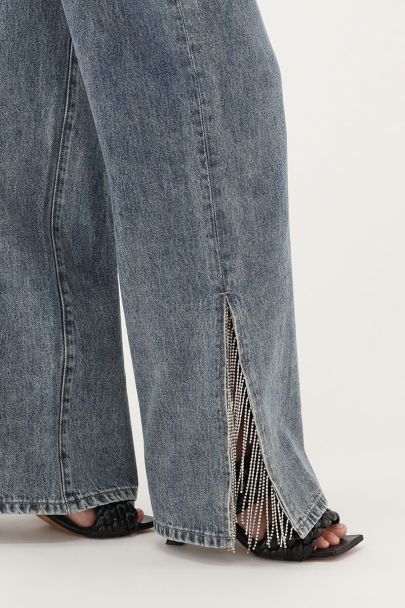 Blauwe wide leg jeans met strassfranjes