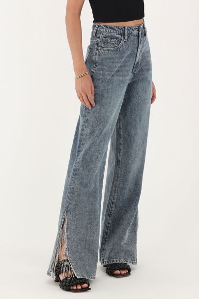 Blauwe wide leg jeans met strassfranjes
