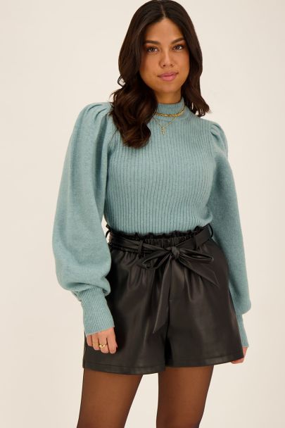 Blue rib turtleneck with puff sleeves