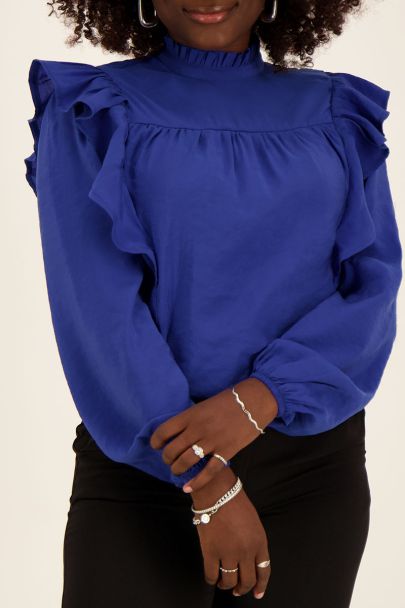Blue satin look blouse with ruffles