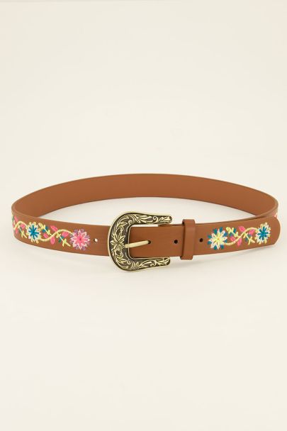 Beige belt with gold buckle and embroidered flowers
