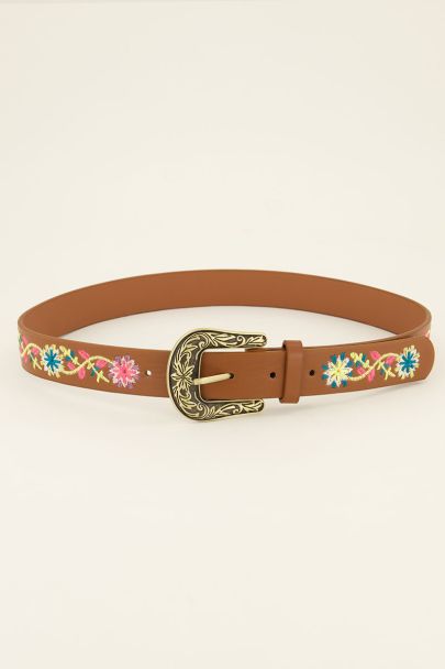 Bruine riem met gouden gesp & lichte embroidery bloemen