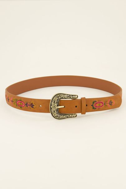 Bruine riem met gouden gesp & embroidery bloemen