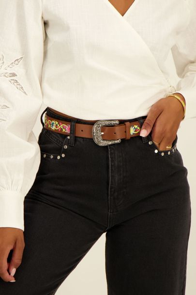 Brown belt with silver buckle & embroidered flowers