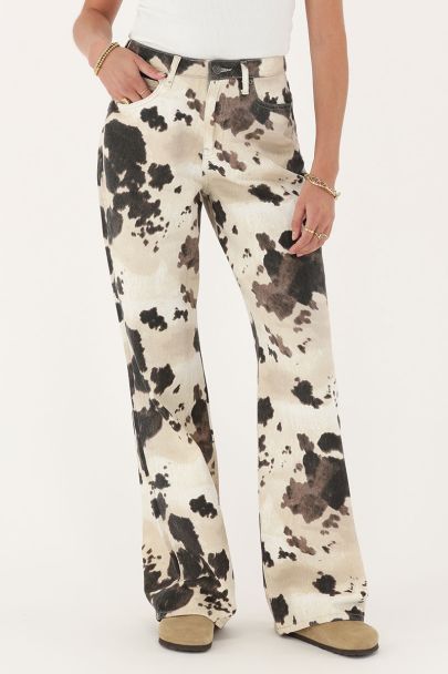 Bruine denim wide leg jeans met koeienprint