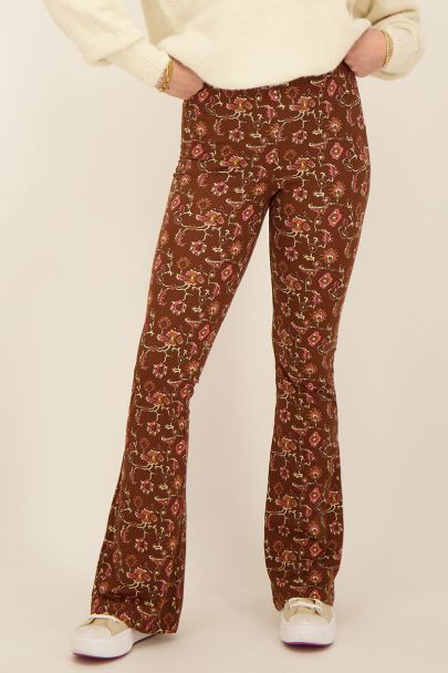 Brown flared leggings with graphic print