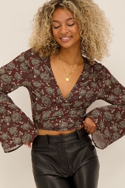 Brown floral kimono top with bow