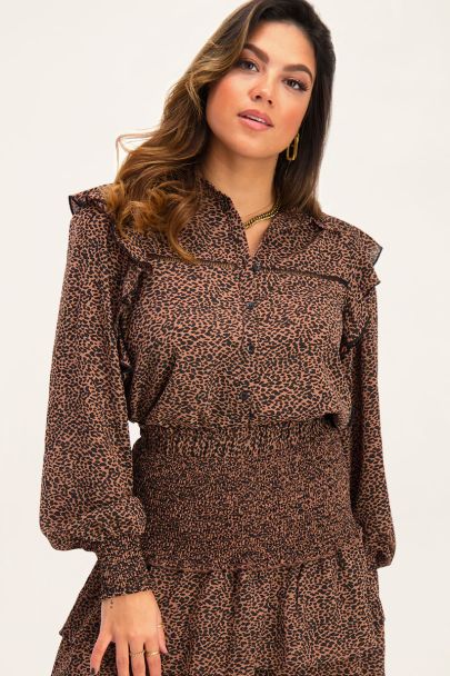 Braune Bluse mit Geparden-Print und Rüschen