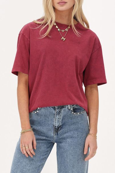 Burgunderfarbenes Basic T-Shirt Acid Wash