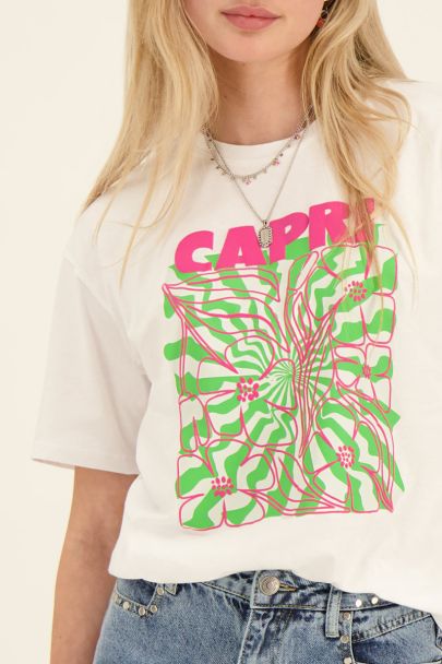 Weißes T-Shirt mit grünem Capri-Print