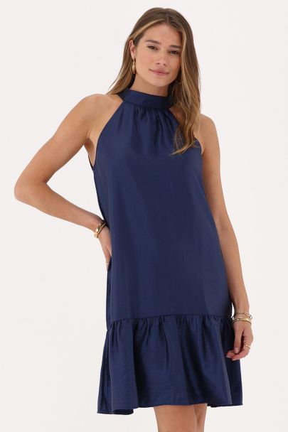 Donkerblauwe halter jurk in satijnen look