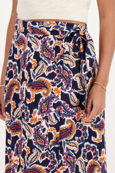 Dark blue midi wrap skirt with paisley print