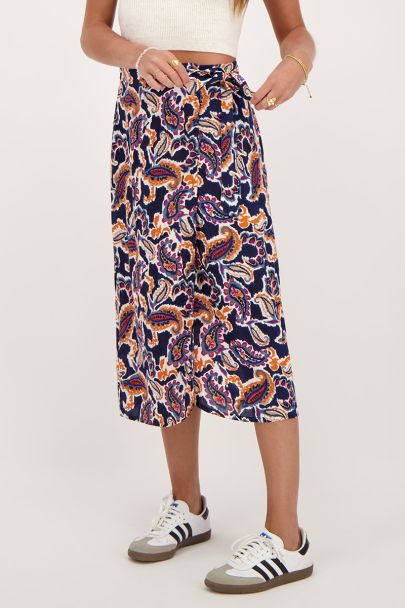 Dark blue midi wrap skirt with paisley print