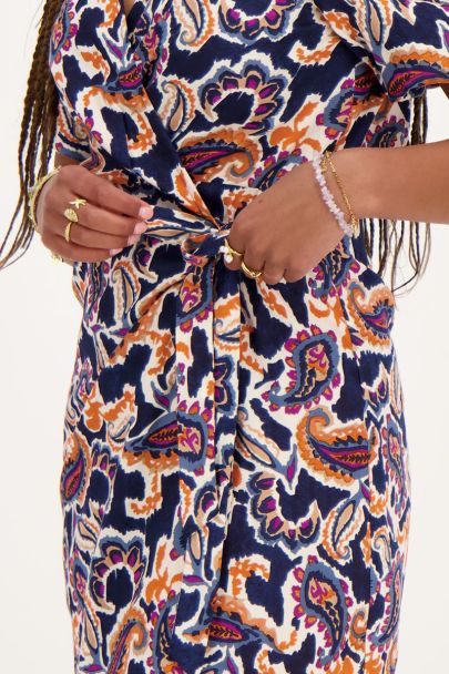 Dark blue wrap dress with paisley print