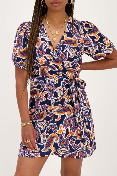 Dark blue wrap dress with paisley print