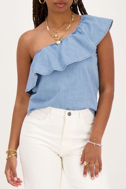 Denim one-shoulder top with ruffle