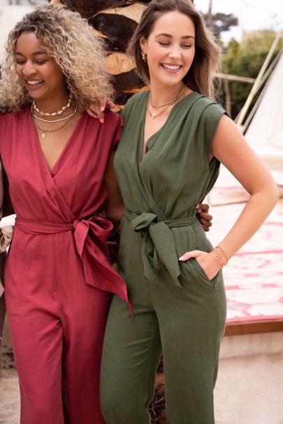 Dark green sleeveless wrap jumpsuit