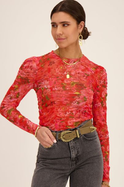 Gedrapeerde mesh top met bloemenprint