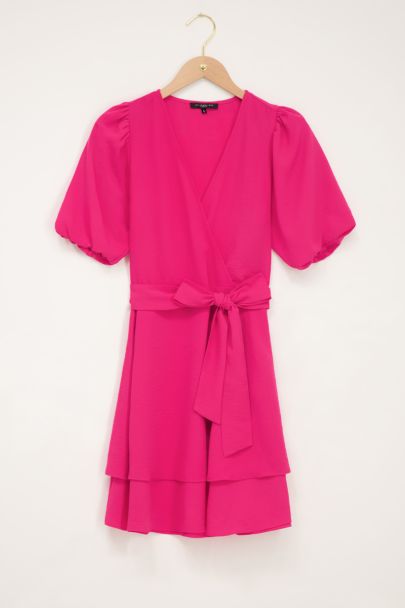 Fuchsia layered dress with puff sleeves