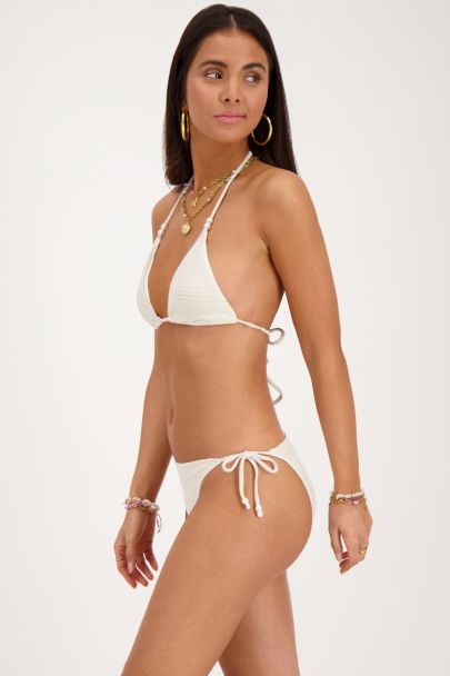 Gold-white striped bikini bottoms with ties and pearls