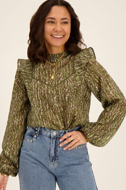 Groene blouse met lurex & schouder ruffle