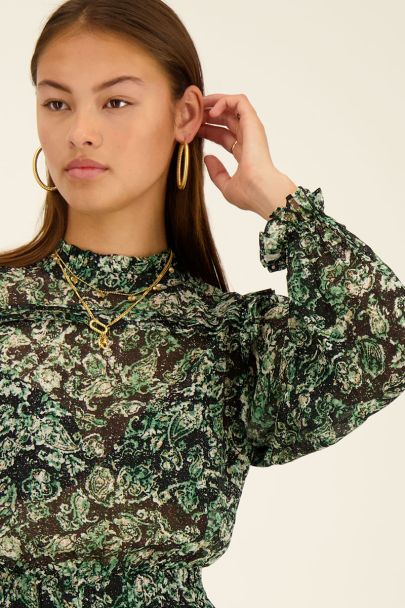 Groene jurk met gekleurde print en ruffles