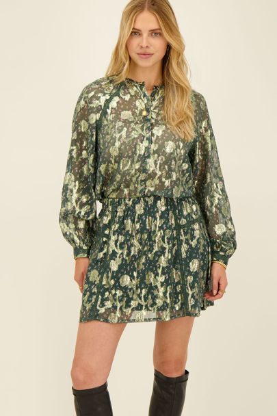 Green jacquard blouse with gold print
