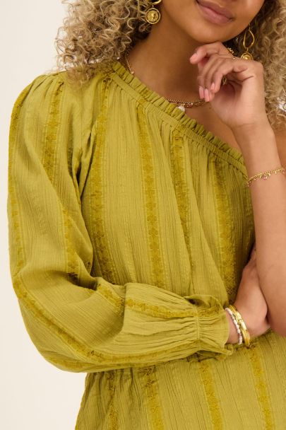 Grünes One-Shoulder-Top im Jacquard-Look