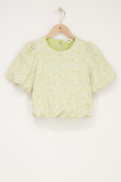 Green jacquard top with puff sleeves