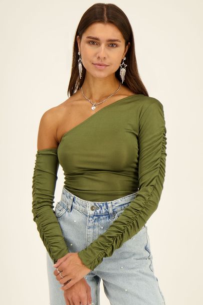 Groene one-shoulder top met lange mouwen gedrapeerd 