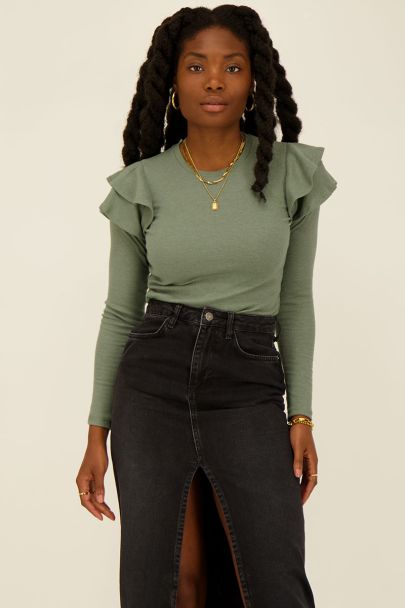 Green ribbed top with ruffles