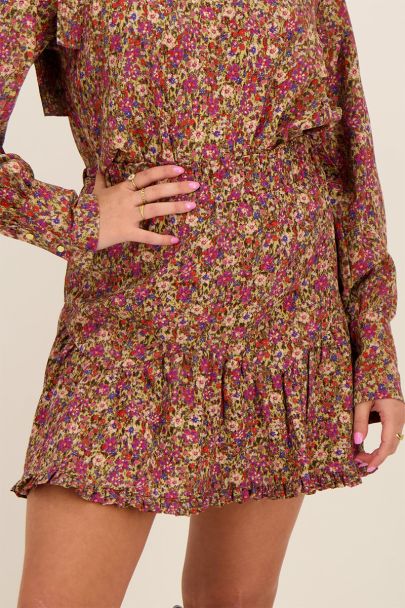 Groene rok met multikleur bloemenprint & ruffels