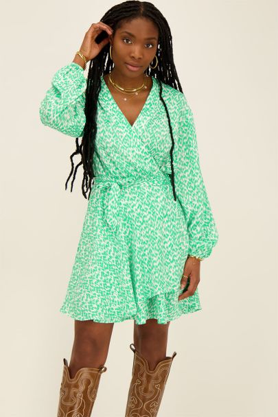 Green leopard print wrap dress