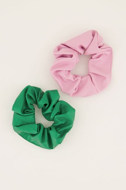 Green & pink leather look scrunchie set
