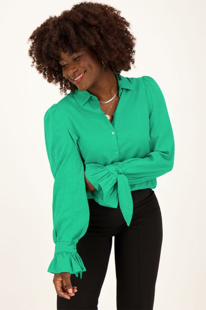 Green button down linen look blouse